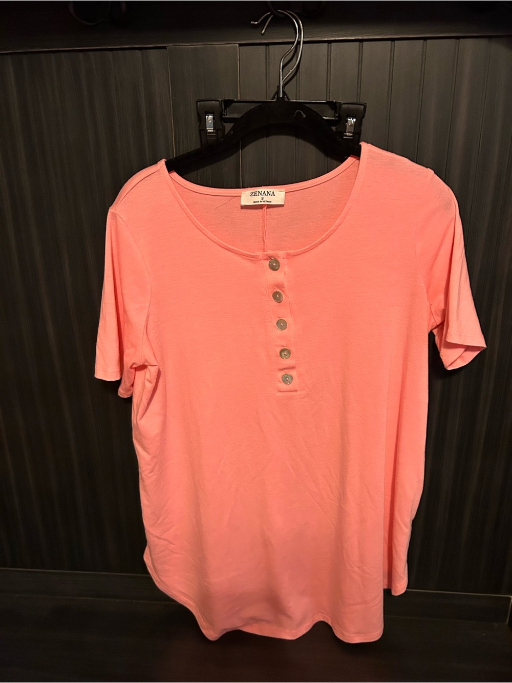 Zenana Outfitters Coral Pink Short Sleeve Henley Top